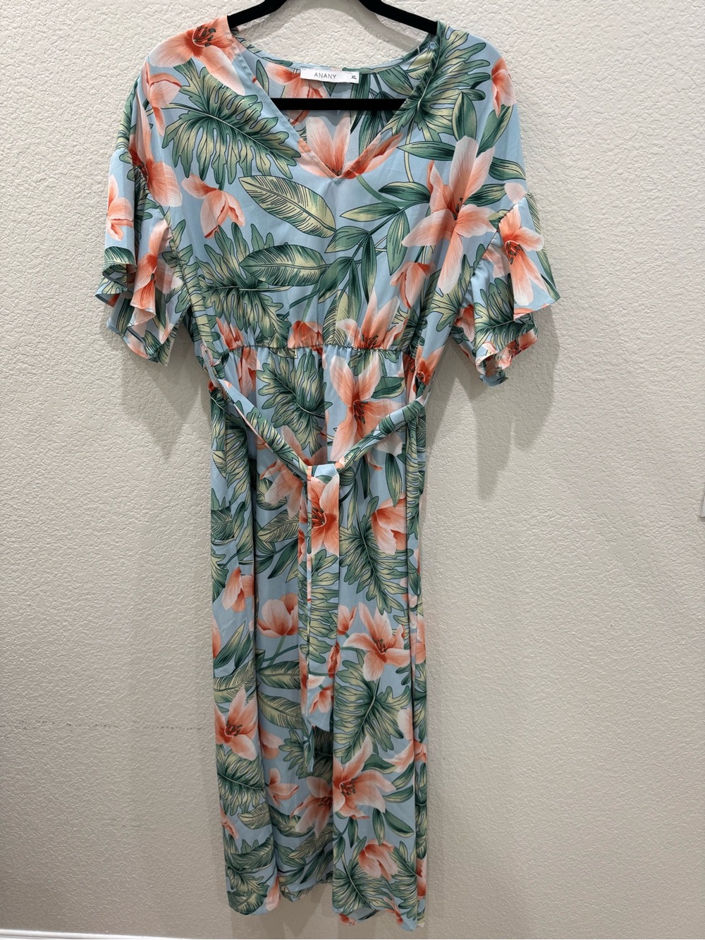 ANANY XL Tropical Floral Maxi Dress Blue Green Orange Flutter Sleeve Belted